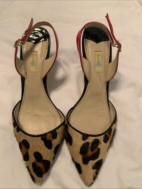 Boden Leopard Print Pointed Toe Slingback Heels with Red Straps
